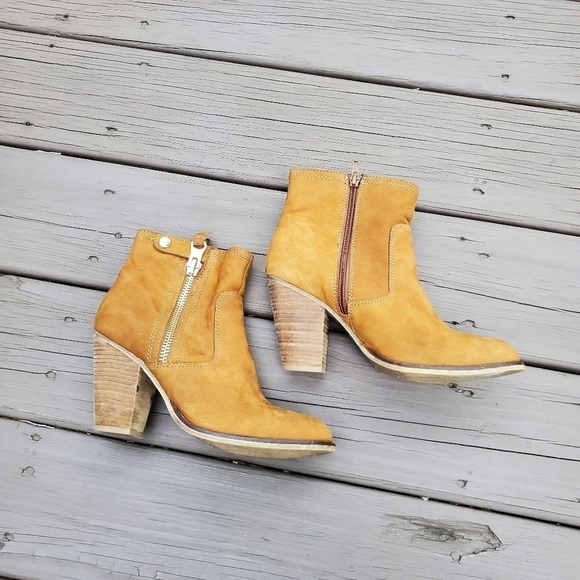 Aldo Olenalla Camel Banana Tan Suede Leather Zip Chunky Western Boho Ankle Boots - Picture 3 of 8